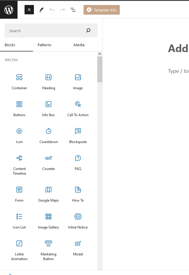 Screenshot of Wordpress Blocks menu.