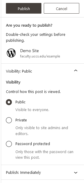 Screenshot of Wordpress asking to publish a page with options for page privacy.