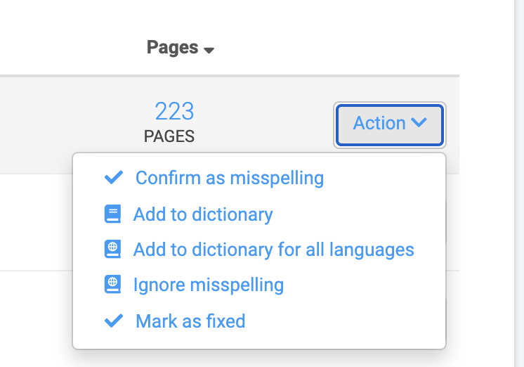 spelling error actions including Confirm, Add to Dictionary, Fixed or Ignore
